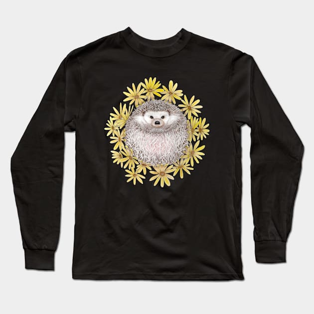 Hedgehog and Daisies Long Sleeve T-Shirt by CoffeeberryArt